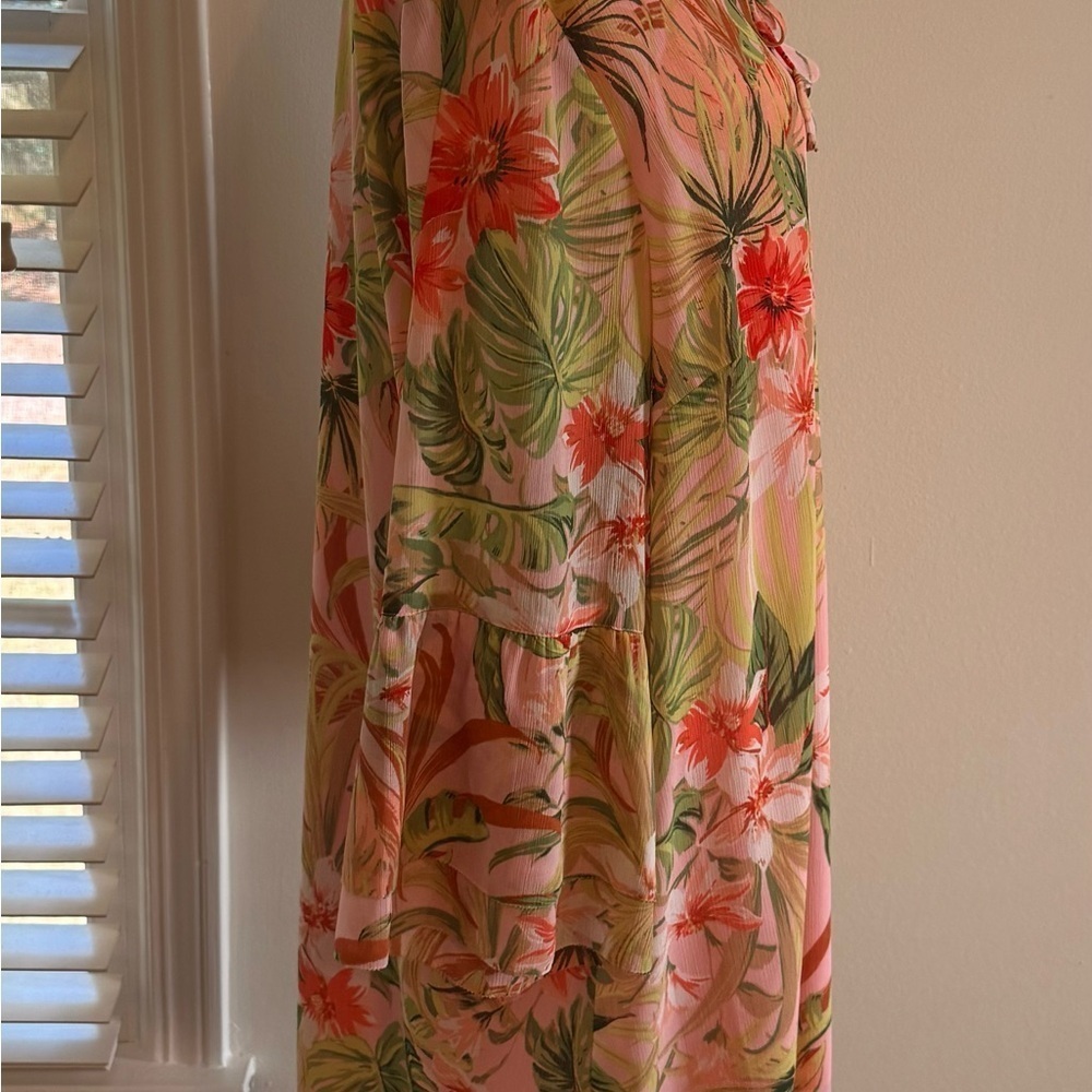 J Jill Womens Pink Tropical Floral Tunic Top Size XL Ruffle Tie Neck Bell Sleeve - Picture 3 of 9